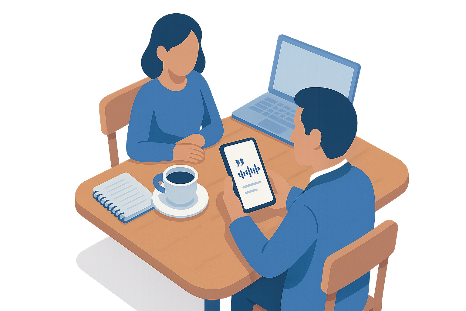 Isometric coffee shop scene with salesperson using a phone to generate a quote