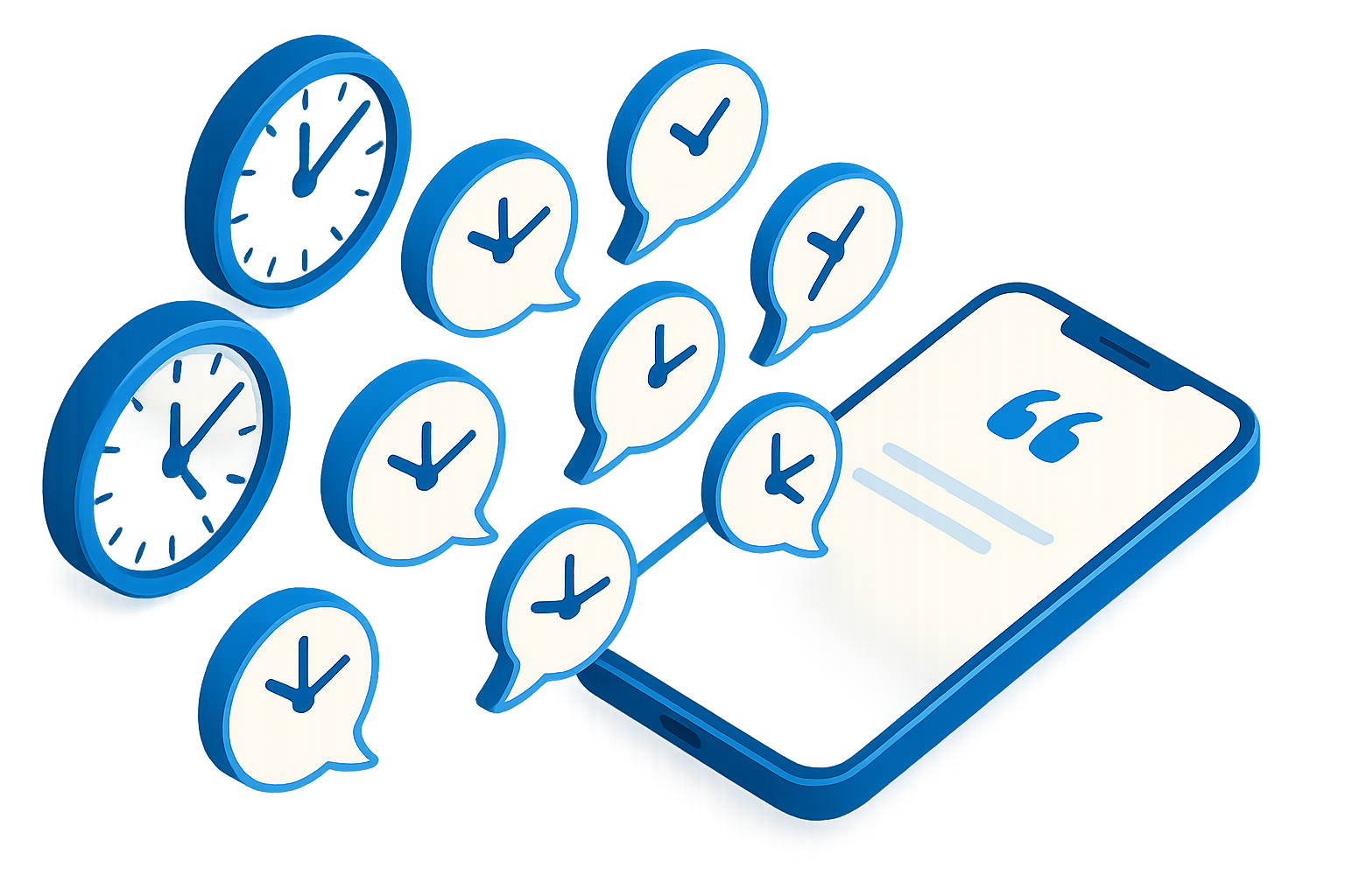 Clocks morphing into chat bubbles and a phone, symbolizing hours into minutes