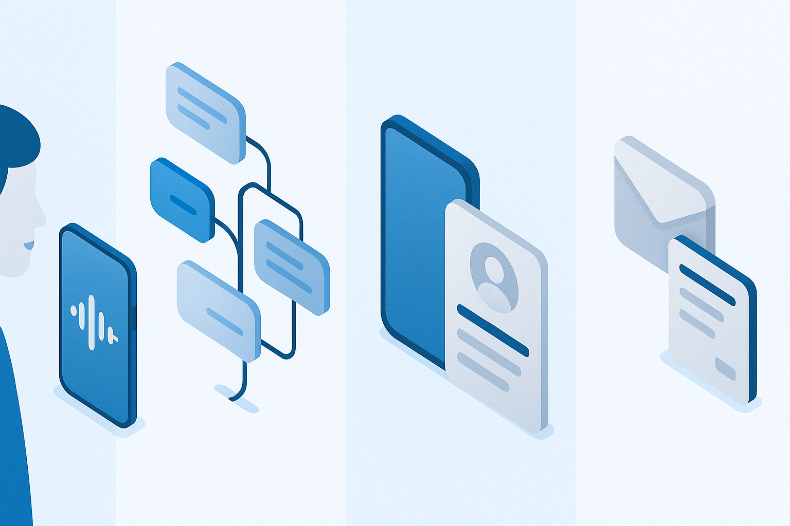Four isometric panels: voice input, smart questions, HubSpot pull, instant quote + JIRA